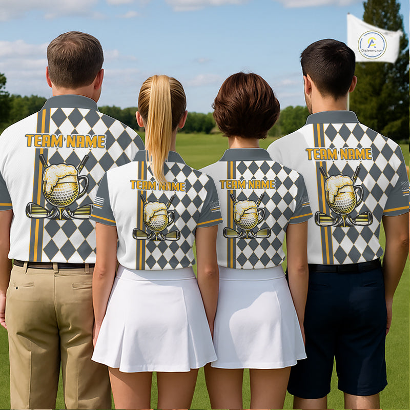 Personalized Womens Golf Polo Shirt Beer And Golf Ball Graphic Custom Team Name Golf Jersey|White NHT1091
