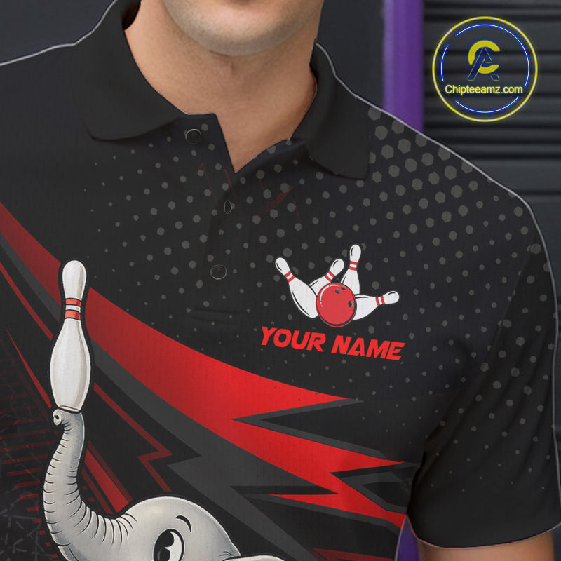 A close-up of a person wearing a black short-sleeve polo shirt with a bowling-themed graphic print, including a red bowling ball, white bowling pins, a red 'YOUR NAME' text customization, and a gray elephant illustration. A circular 'Chipleamz.