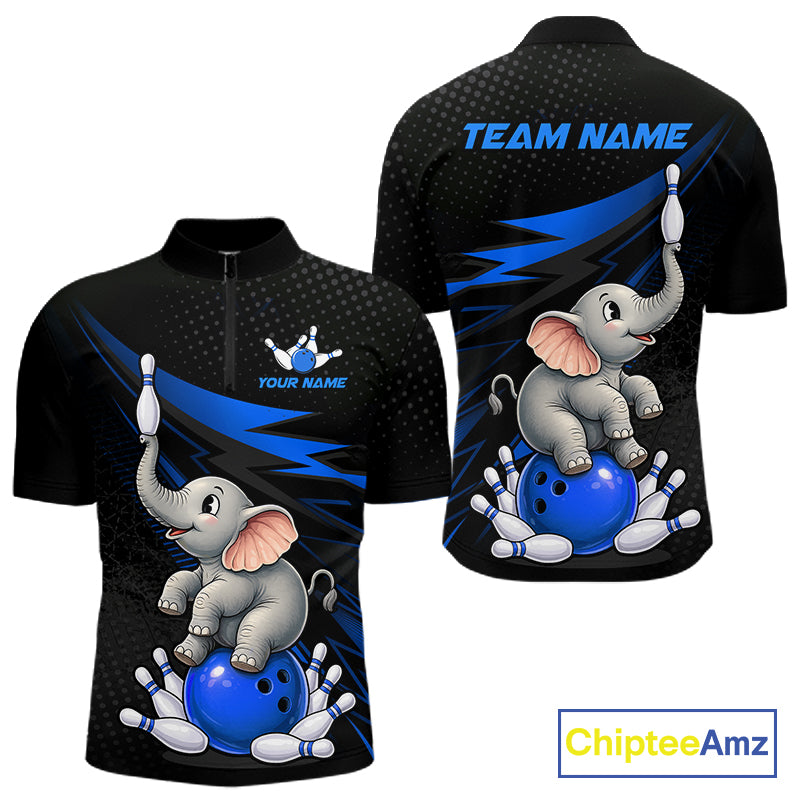 Front and back views of a black short-sleeve athletic jersey with a blue and gray bowling-themed graphic featuring a cartoon elephant balancing a bowling ball on pins. The front has a small blue and white logo with placeholder text 'YOUR NAME', and the back has 'TEAM NAME' in blue.