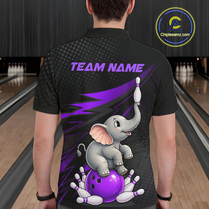 A man viewed from behind wearing a black short-sleeve bowling-themed polo shirt with a cartoon baby elephant, purple bowling ball, pins, and 'TEAM NAME' printed on the back. Bowling lanes are visible in the blurred background, and a circular 'Chipteeamz.