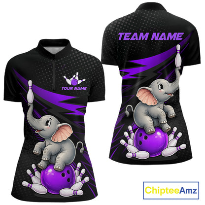 Front and back views of a black short-sleeve polo shirt with a cartoon baby elephant sitting on a purple bowling ball and bowling pins, with purple lightning accents and customizable text areas on the chest and back. A ChipteeAmz logo is visible in the bottom right corner.