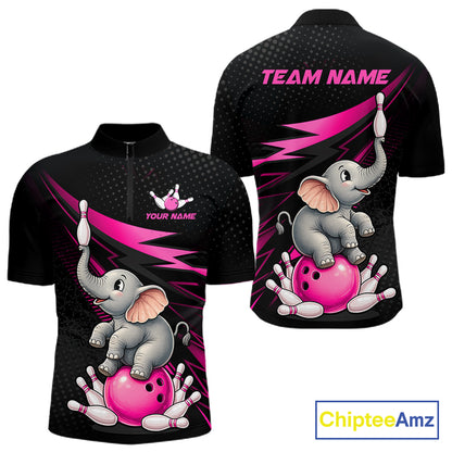 Front and back views of a black short-sleeve cycling jersey featuring a cartoon gray elephant balancing on a pink bowling ball with white bowling pins, pink lightning accents, and customizable text areas reading TEAM NAME and YOUR NAME. A ChipteeAmz logo is visible in the bottom right corner.