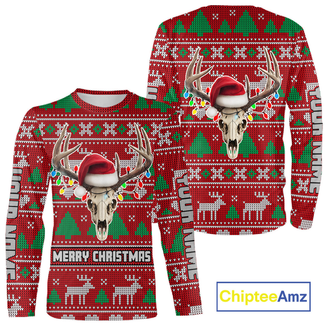 Funny Ugly Sweater Pattern Skull Deer Hunting Custom All Over Print Shirts NHT302