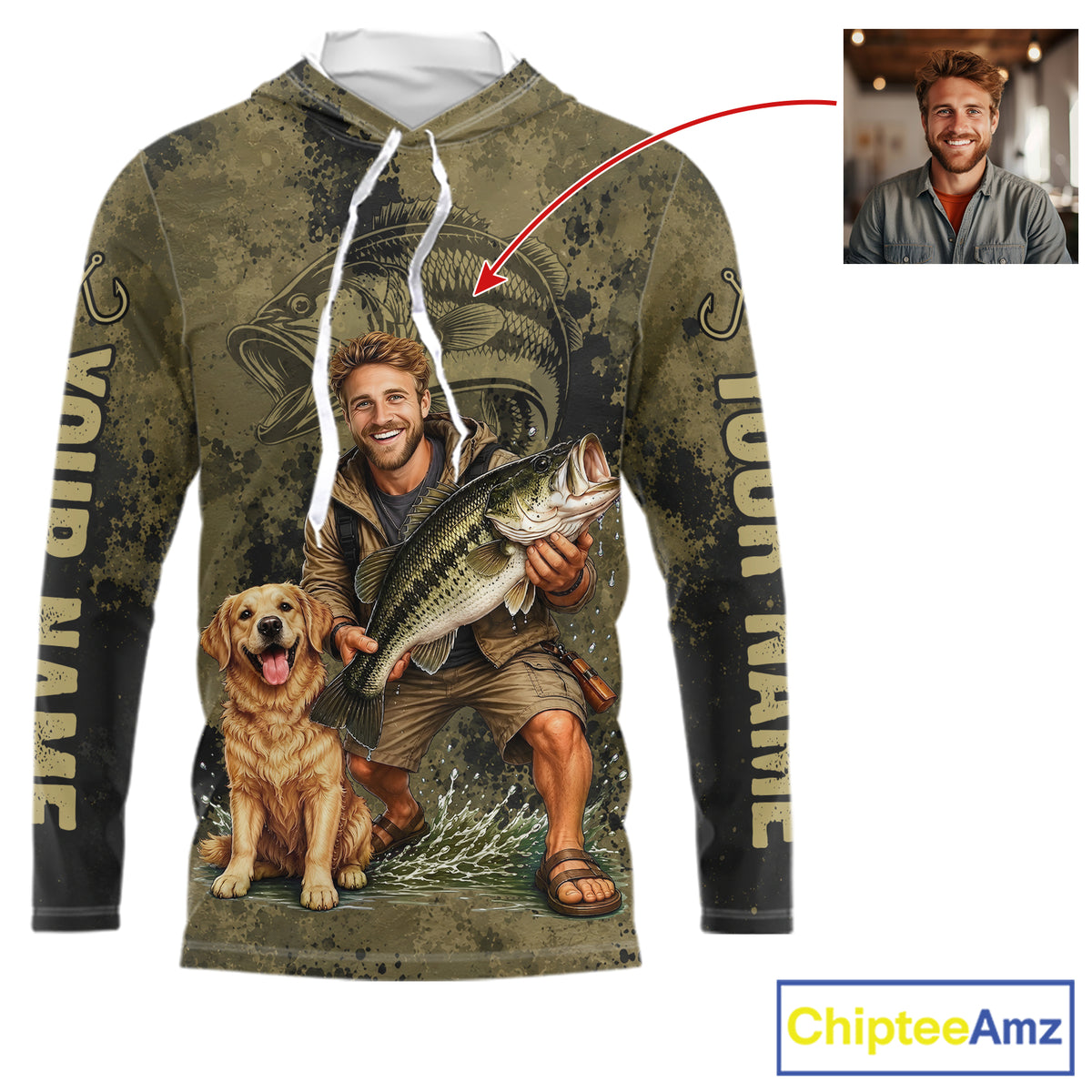 Custom Father's Day Bass Hooded Fishing Shirt With Face, Personalized Custom Photo Funny Fishing Shirt|Dark NHT916