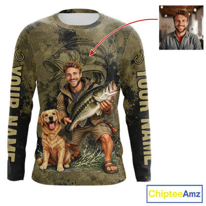 Custom Father's Day Bass Fishing Shirts With Face, Personalized Custom Photo Funny Fishing Shirt|Dark NHT916