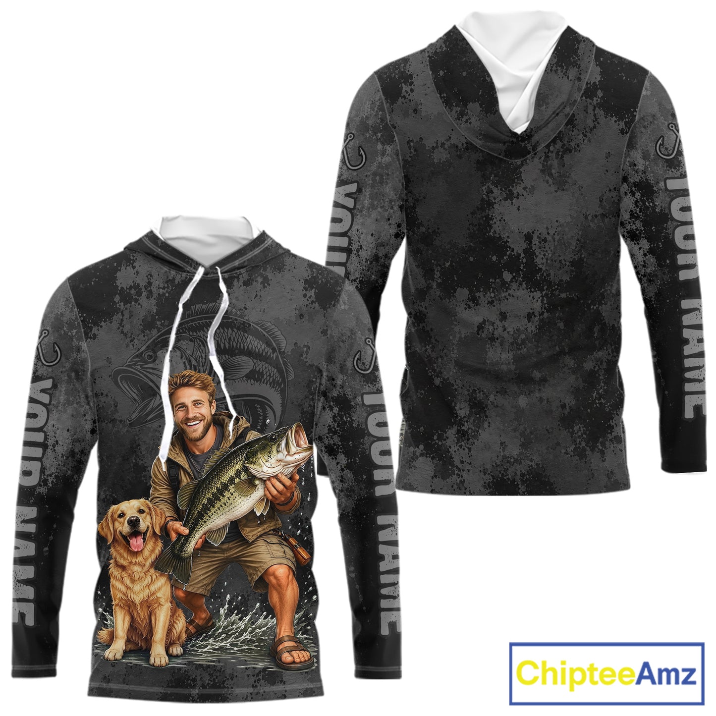 Custom Father's Day Bass Hooded Fishing Shirt With Face, Personalized Custom Photo Funny Fishing Shirt|Gray NHT917