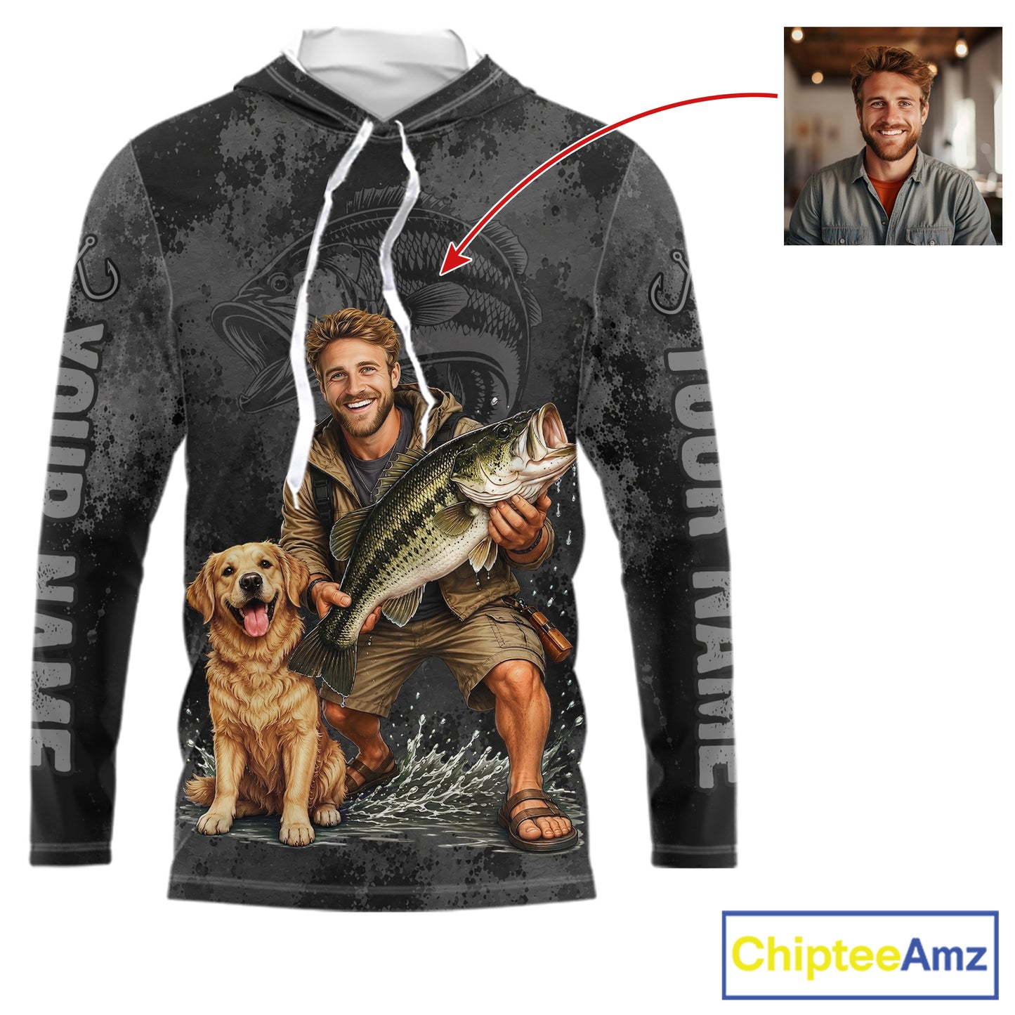 Custom Father's Day Bass Hooded Fishing Shirt With Face, Personalized Custom Photo Funny Fishing Shirt|Gray NHT917