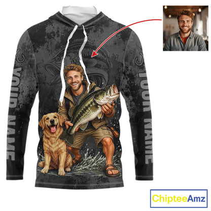 Custom Father's Day Bass Hooded Fishing Shirt With Face, Personalized Custom Photo Funny Fishing Shirt|Gray NHT917
