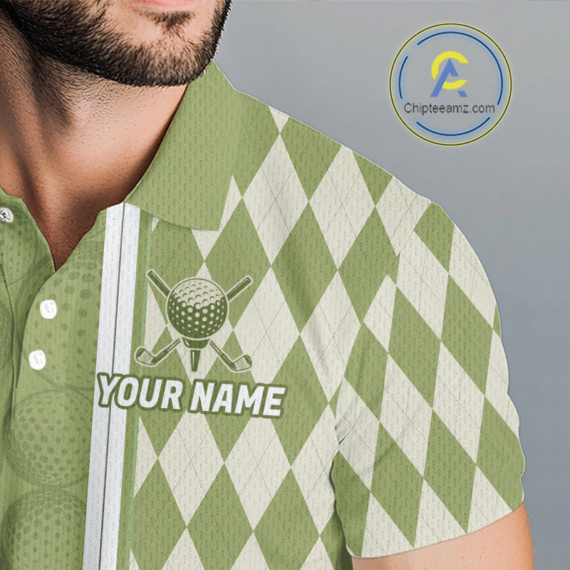 Custom Men Golf Polo Shirt, Argyle Green Golf Shirt, Personalized Name Team Golf Polo NHT1556
