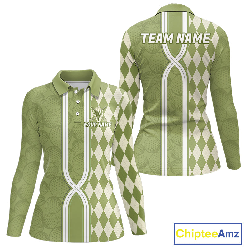 Custom Women Golf Polo Shirt, Argyle Green Golf Shirt, Personalized Name Team Golf Polo NHT1556