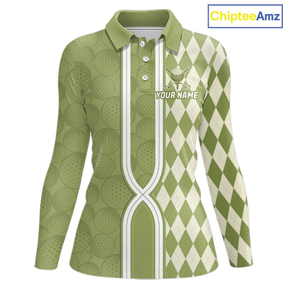 Custom Women Golf Polo Shirt, Argyle Green Golf Shirt, Personalized Name Team Golf Polo NHT1556