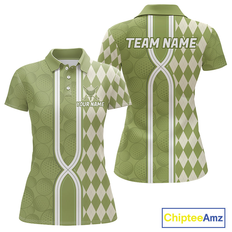 Custom Women Golf Polo Shirt, Argyle Green Golf Shirt, Personalized Name Team Golf Polo NHT1556