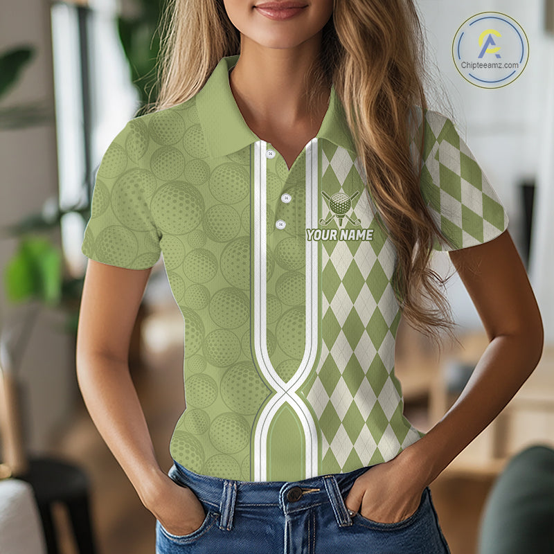 Custom Women Golf Polo Shirt, Argyle Green Golf Shirt, Personalized Name Team Golf Polo NHT1556
