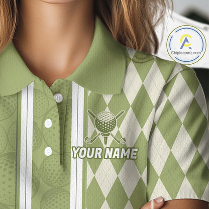 Custom Women Golf Polo Shirt, Argyle Green Golf Shirt, Personalized Name Team Golf Polo NHT1556