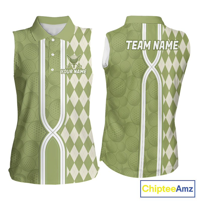 Custom Women Sleeveless Golf Polo Shirt, Argyle Green Golf Shirt, Personalized Name Team Golf Polo NHT1556
