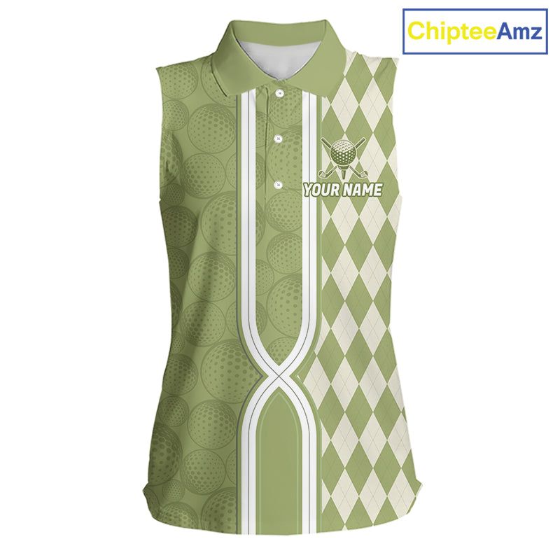 Custom Women Sleeveless Golf Polo Shirt, Argyle Green Golf Shirt, Personalized Name Team Golf Polo NHT1556
