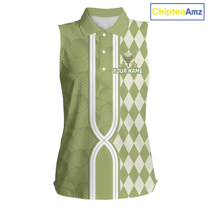 Custom Women Sleeveless Golf Polo Shirt, Argyle Green Golf Shirt, Personalized Name Team Golf Polo NHT1556