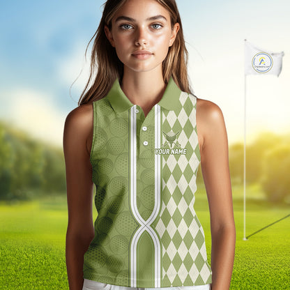 Custom Women Sleeveless Golf Polo Shirt, Argyle Green Golf Shirt, Personalized Name Team Golf Polo NHT1556