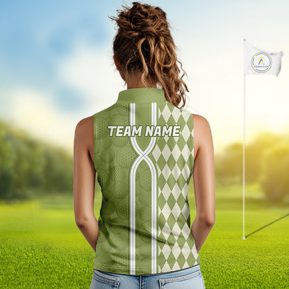 Custom Women Sleeveless Golf Polo Shirt, Argyle Green Golf Shirt, Personalized Name Team Golf Polo NHT1556