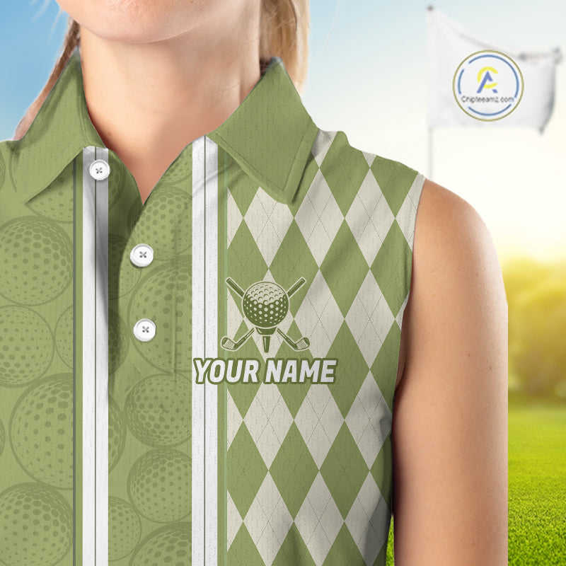 Custom Women Sleeveless Golf Polo Shirt, Argyle Green Golf Shirt, Personalized Name Team Golf Polo NHT1556