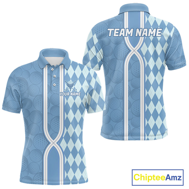 Custom Men Golf Polo Shirt, Argyle Blue Golf Shirt, Personalized Name Team Golf Polo NHT1557