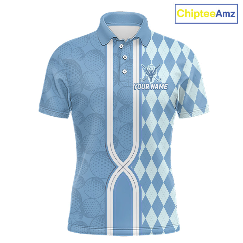 Custom Men Golf Polo Shirt, Argyle Blue Golf Shirt, Personalized Name Team Golf Polo NHT1557
