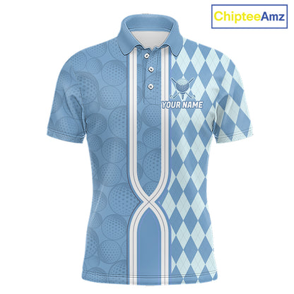 Custom Men Golf Polo Shirt, Argyle Blue Golf Shirt, Personalized Name Team Golf Polo NHT1557