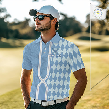 Custom Men Golf Polo Shirt, Argyle Blue Golf Shirt, Personalized Name Team Golf Polo NHT1557