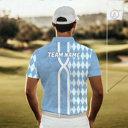 Custom Men Golf Polo Shirt, Argyle Blue Golf Shirt, Personalized Name Team Golf Polo NHT1557