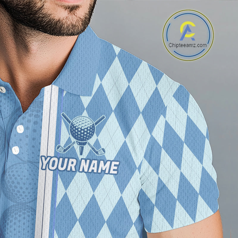 Custom Men Golf Polo Shirt, Argyle Blue Golf Shirt, Personalized Name Team Golf Polo NHT1557