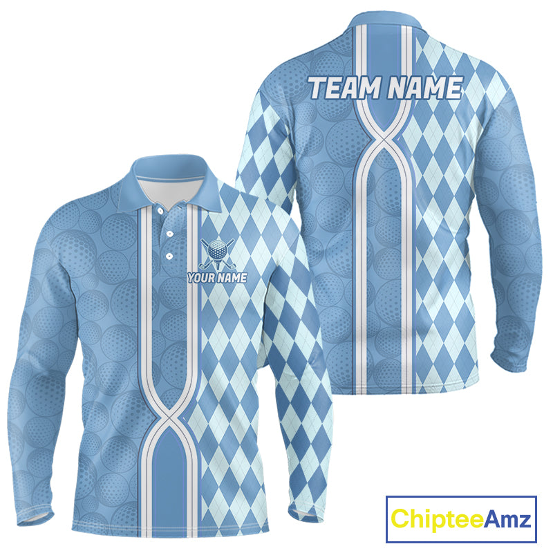 Custom Men Golf Polo Shirt, Argyle Blue Golf Shirt, Personalized Name Team Golf Polo NHT1557