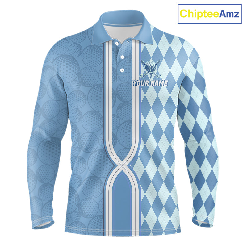 Custom Men Golf Polo Shirt, Argyle Blue Golf Shirt, Personalized Name Team Golf Polo NHT1557