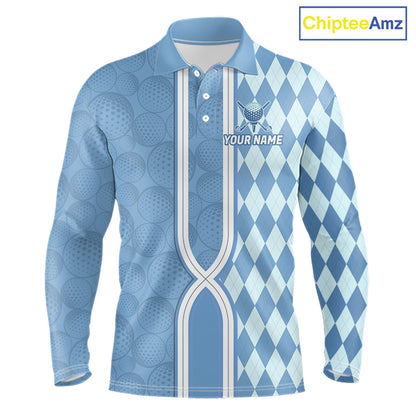 Custom Men Golf Polo Shirt, Argyle Blue Golf Shirt, Personalized Name Team Golf Polo NHT1557