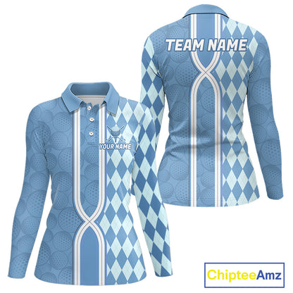 Custom Women Golf Polo Shirt, Argyle Blue Golf Shirt, Personalized Name Team Golf Polo NHT1557