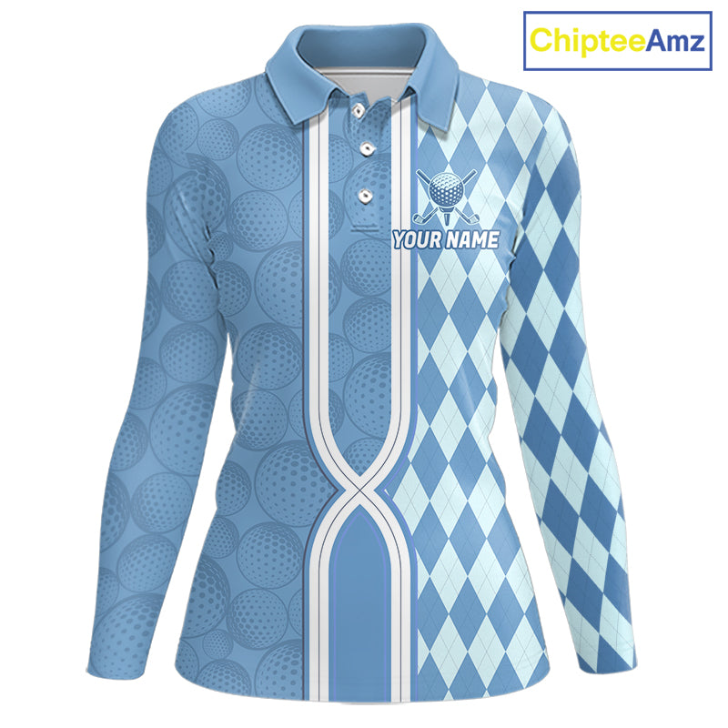 Custom Women Golf Polo Shirt, Argyle Blue Golf Shirt, Personalized Name Team Golf Polo NHT1557