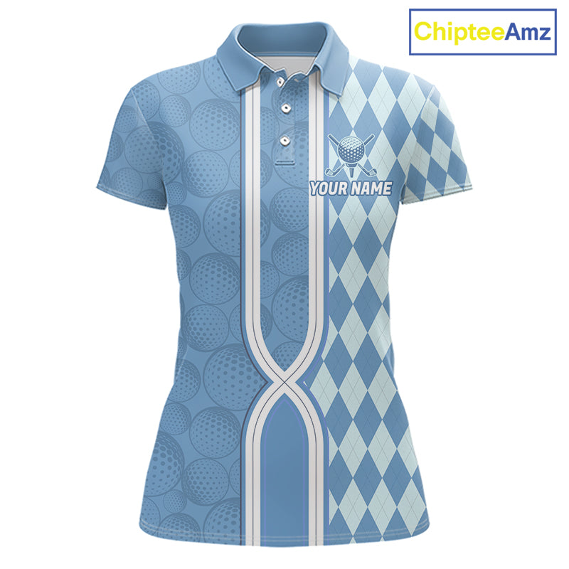 Custom Women Golf Polo Shirt, Argyle Blue Golf Shirt, Personalized Name Team Golf Polo NHT1557