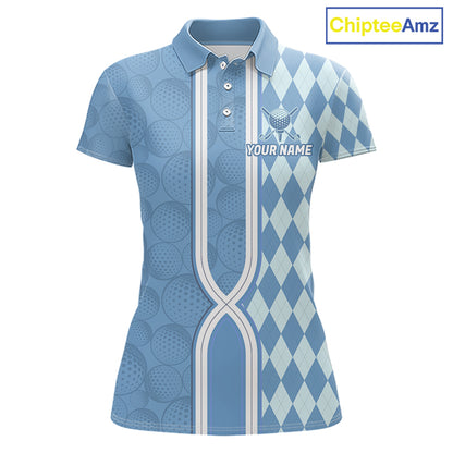 Custom Women Golf Polo Shirt, Argyle Blue Golf Shirt, Personalized Name Team Golf Polo NHT1557