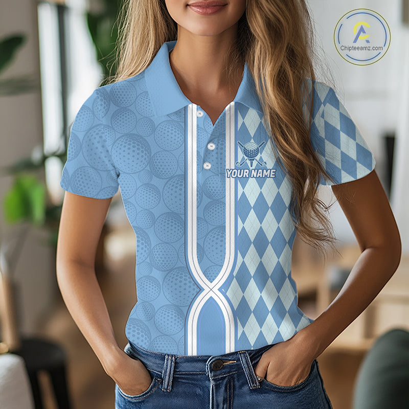 Custom Women Golf Polo Shirt, Argyle Blue Golf Shirt, Personalized Name Team Golf Polo NHT1557