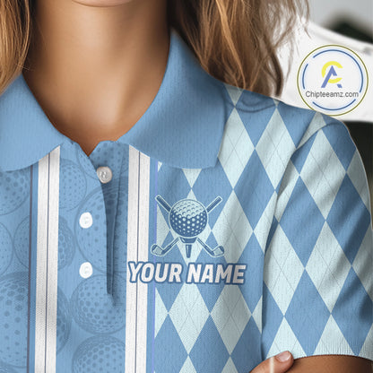 Custom Women Golf Polo Shirt, Argyle Blue Golf Shirt, Personalized Name Team Golf Polo NHT1557