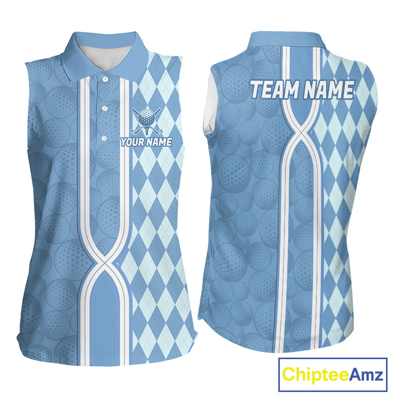 Custom Women Sleeveless Golf Polo Shirt, Argyle Blue Golf Shirt, Personalized Name Team Golf Polo NHT1557