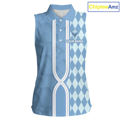 Custom Women Sleeveless Golf Polo Shirt, Argyle Blue Golf Shirt, Personalized Name Team Golf Polo NHT1557