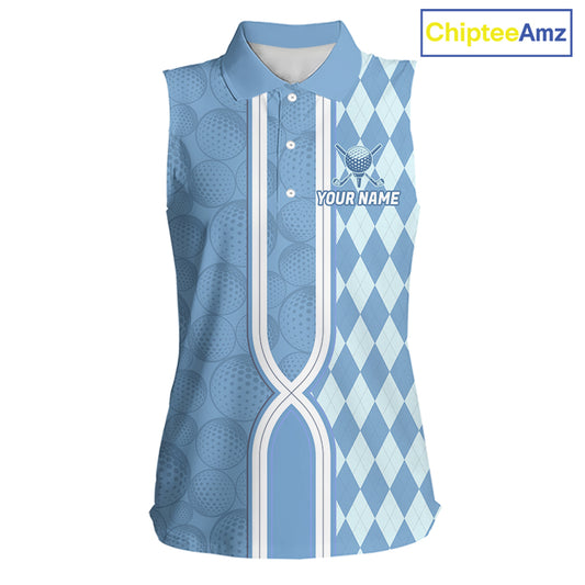Custom Women Sleeveless Golf Polo Shirt, Argyle Blue Golf Shirt, Personalized Name Team Golf Polo NHT1557