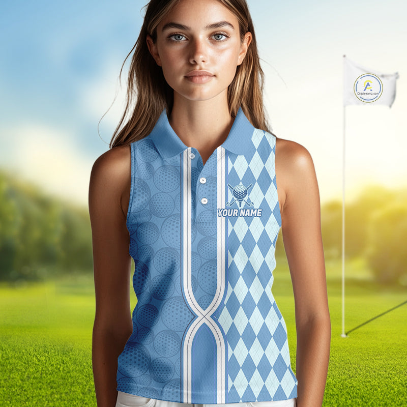 Custom Women Sleeveless Golf Polo Shirt, Argyle Blue Golf Shirt, Personalized Name Team Golf Polo NHT1557