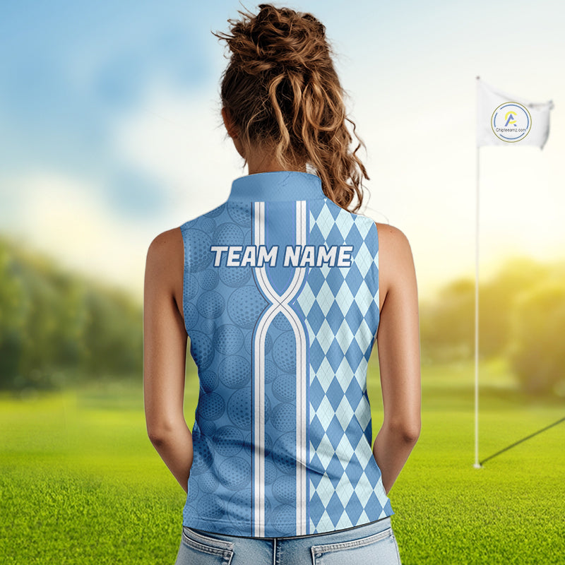 Custom Women Sleeveless Golf Polo Shirt, Argyle Blue Golf Shirt, Personalized Name Team Golf Polo NHT1557