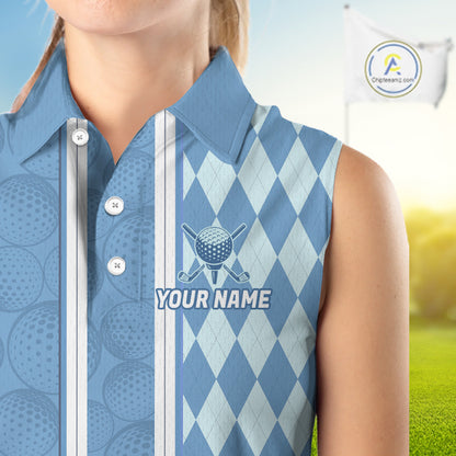 Custom Women Sleeveless Golf Polo Shirt, Argyle Blue Golf Shirt, Personalized Name Team Golf Polo NHT1557