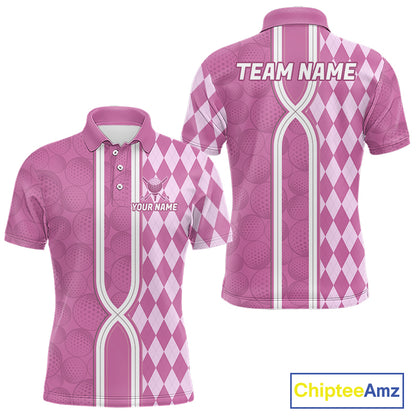 Custom Men Golf Polo Shirt, Argyle Pink Golf Shirt, Personalized Name Team Golf Polo NHT1558