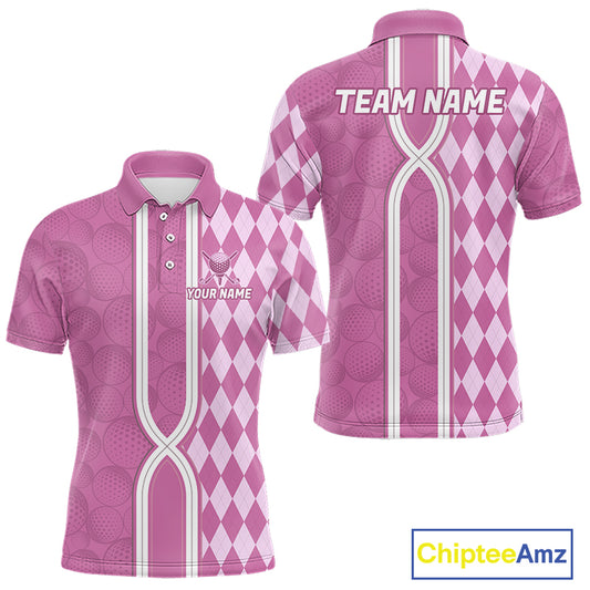 Custom Men Golf Polo Shirt, Argyle Pink Golf Shirt, Personalized Name Team Golf Polo NHT1558