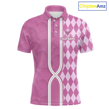 Custom Men Golf Polo Shirt, Argyle Pink Golf Shirt, Personalized Name Team Golf Polo NHT1558