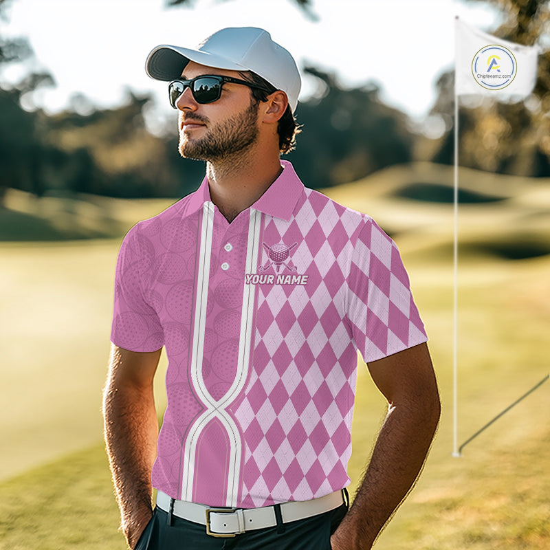 Custom Men Golf Polo Shirt, Argyle Pink Golf Shirt, Personalized Name Team Golf Polo NHT1558