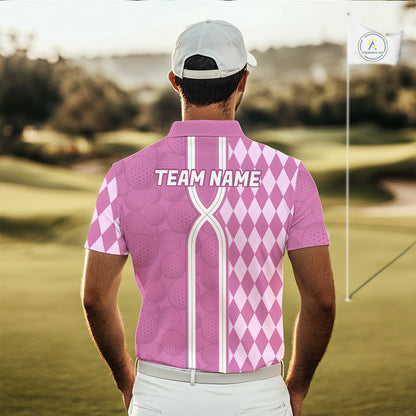 Custom Men Golf Polo Shirt, Argyle Pink Golf Shirt, Personalized Name Team Golf Polo NHT1558